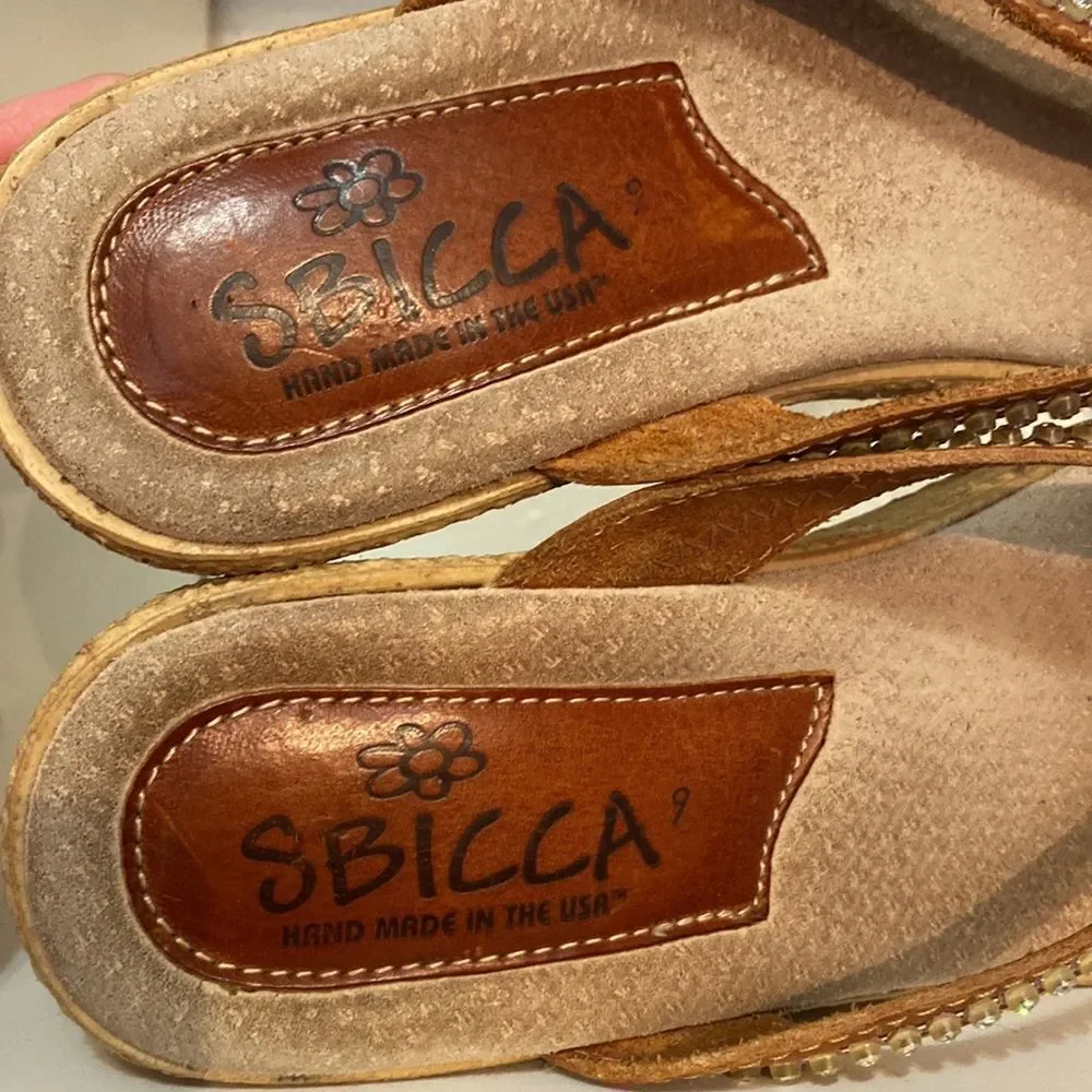 Sbicca Wedge Rhinestone Brown Thong Flip Flop Sandals